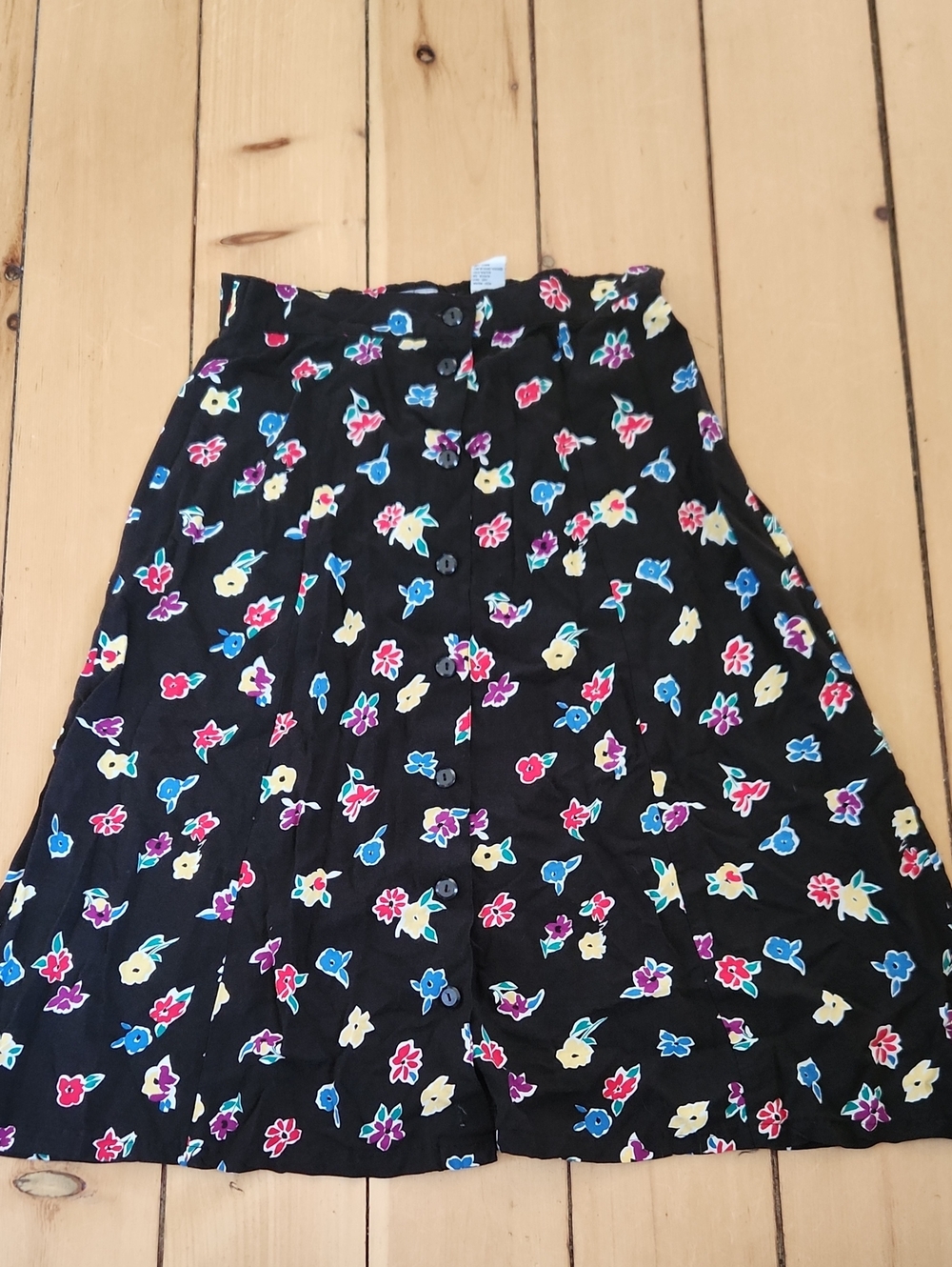 Vintage Sag Harbor Black A-Line Skirt with Bright Floral Motif